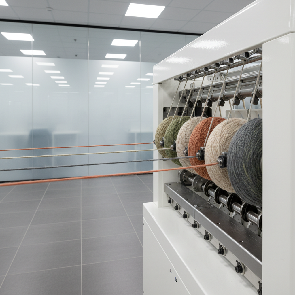 A tightly framed shot of a high-tech ring spinning machine in operation, with ultra-clean white and metallic components feeding continuous fiber strands of recycled yarn in muted earth tones. The equipment is stationed in a spotless, orderly manufacturing facility accented by matte gray tiles and frosted glass dividers. Even, cool-toned LED panel lighting creates crisp highlights and subtle shadows, enhancing the machinery’s structured geometry. The atmosphere is innovative and cutting-edge, suggesting advanced technology and sustainability. Camera angle is eye-level, focusing intimately on the yarn emerging from the spinner, with a rule of thirds layout for visual harmony. The image employs a modern, structured photographic style emphasizing precision and professionalism.