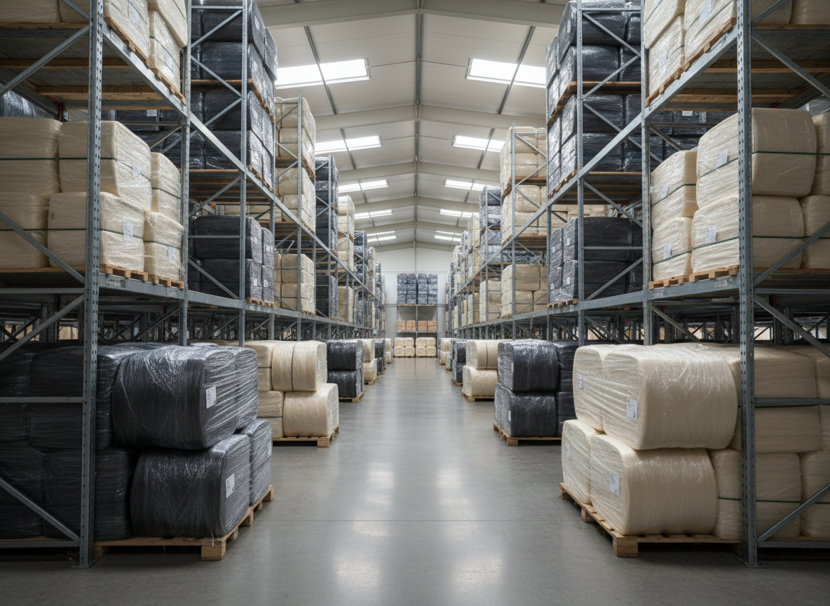 A dynamic, structured composition featuring carefully stacked bales of raw fiber in muted ivory and slate gray, partially unwrapped to reveal soft, lustrous textures. The scene is set in a pristine, spacious warehouse with polished concrete floors and tall, modular shelving—each element echoing precision and systematic organization. Overhead skylights allow diffuse midday sunlight to filter in, creating soft highlights and gentle gradients. The mood is calm, orderly, and industrious, capturing the scale and professionalism of operations. Photographed from a wide-angle perspective with deep focus and a clean, symmetrical framing, the image displays photographic realism and a cohesive, balanced visual language.