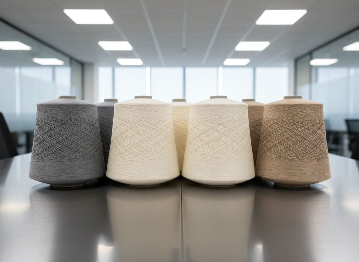 A close-up of several neatly arranged spools of premium polyester and viscose yarn in soft gray, ivory, and pale taupe hues, each with a subtle sheen and smooth, tightly wound texture. The spools rest on a spotless, brushed steel tabletop in a modern, uncluttered industrial office, suggesting precision and efficiency. Overhead diffused artificial lighting casts gentle highlights along the curved surfaces, emphasizing the threads’ fine detail and impeccable quality. The mood is professional and composed, evoking reliability and global excellence. Captured at a slight angle from above, with a centered composition, sharp focus on the yarn, and a blurred, unobtrusive background. Photographic realism with clean lines and a balanced, neutral-toned corporate aesthetic.