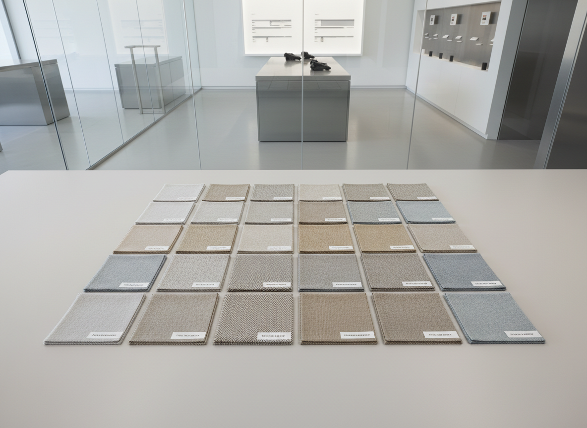 A precise, still-life arrangement of labeled fabric swatches made from PC/PV blends, laid out in an exact grid formation on a flawless, neutral-toned work table. The swatches showcase subtle differences in color—light ash, warm taupe, cool mist gray—and refined surface textures. The setting is a spotless product development studio, with glass partitions and minimalist stainless fixtures reflecting a corporate, forward-thinking ethos. Bright, indirect studio lighting provides even illumination, minimizing shadows and highlighting every detail. The mood is meticulous and analytical, evoking expertise and attention to quality. Shot from directly overhead to maximize clarity and geometric harmony, the style is distinctly modern, photographic, and aligned with a high-end yarn manufacturer’s visual identity.