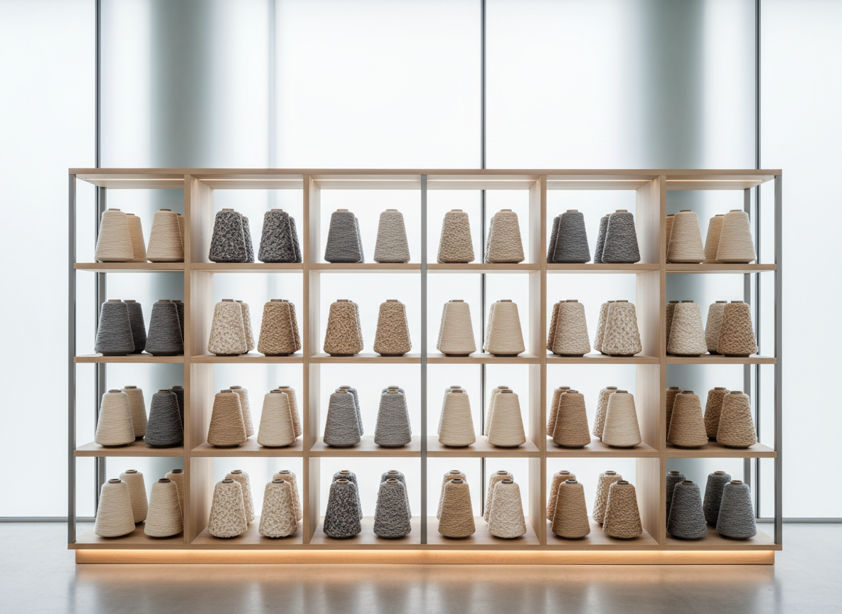 A selection of meticulously organized cones of fancy, textured yarn—featuring boucle, slub, and twisted threads—in soft off-whites, cool grays, and neutral sand shades, placed on a minimalist shelving unit of pale wood and matte steel. The environment is a sleek, contemporary showroom, with clean architectural lines and large frosted window panels softly diffusing natural daylight. Gentle, indirect lighting brings out the unique tactile qualities of each yarn, casting delicate, elongated shadows. The feeling is refined and aspirational, underscoring the breadth and quality of the product range. Presented from a slightly elevated angle with sharp focus and clear depth, reflecting an elegant, modern corporate style authentic to a yarn manufacturer’s brand.