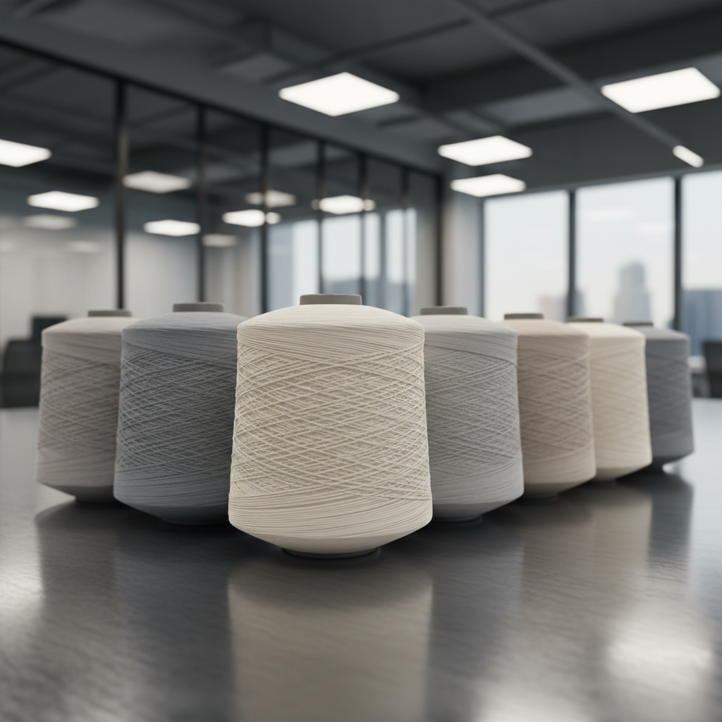 A close-up of several neatly arranged spools of premium polyester and viscose yarn in soft gray, ivory, and pale taupe hues, each with a subtle sheen and smooth, tightly wound texture. The spools rest on a spotless, brushed steel tabletop in a modern, uncluttered industrial office, suggesting precision and efficiency. Overhead diffused artificial lighting casts gentle highlights along the curved surfaces, emphasizing the threads’ fine detail and impeccable quality. The mood is professional and composed, evoking reliability and global excellence. Captured at a slight angle from above, with a centered composition, sharp focus on the yarn, and a blurred, unobtrusive background. Photographic realism with clean lines and a balanced, neutral-toned corporate aesthetic.