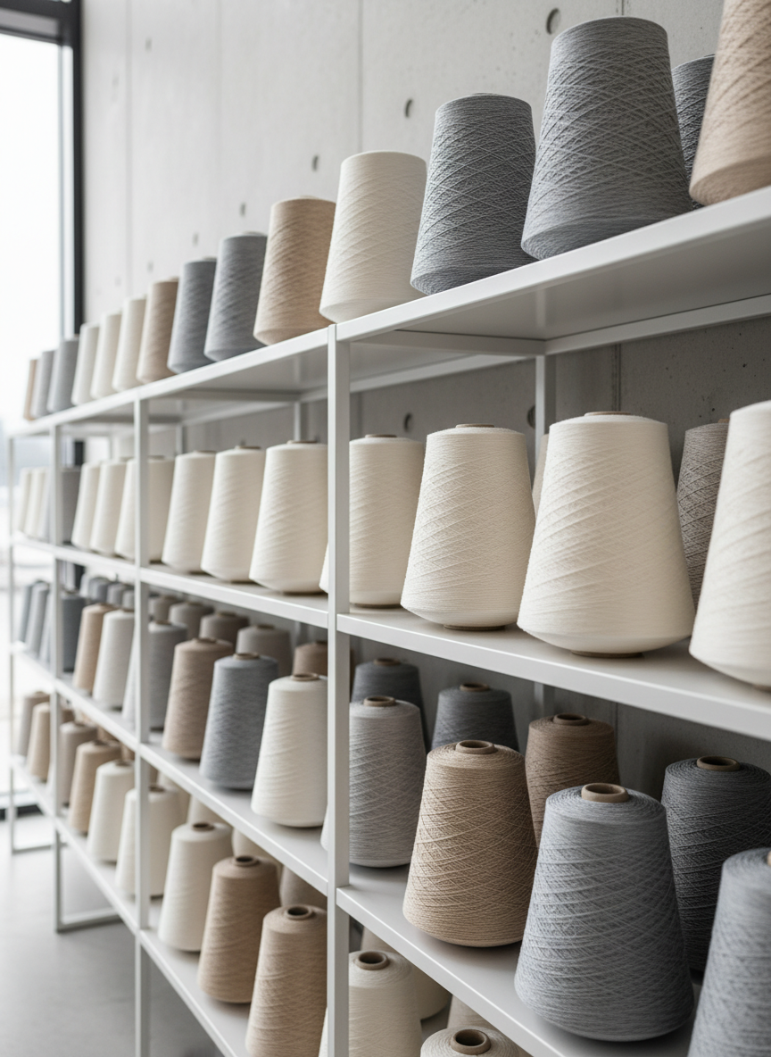 A selection of neatly organized cones of premium polyester yarn in soft off-whites, cool grays, and neutral beige tones, placed on minimalist shelving or a clean tabletop in a modern industrial showroom. Clean architectural lines, soft diffused light, subtle shadows, and a refined corporate aesthetic similar to the existing product imagery on the site. Photographic realism, slightly elevated angle, sharp focus, uncluttered neutral background.